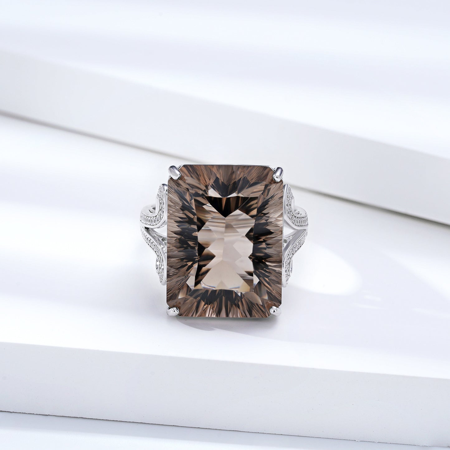 Natural Tea Crystal Ring 925 Silver Set Geometric Square Smoky Crystal Ring