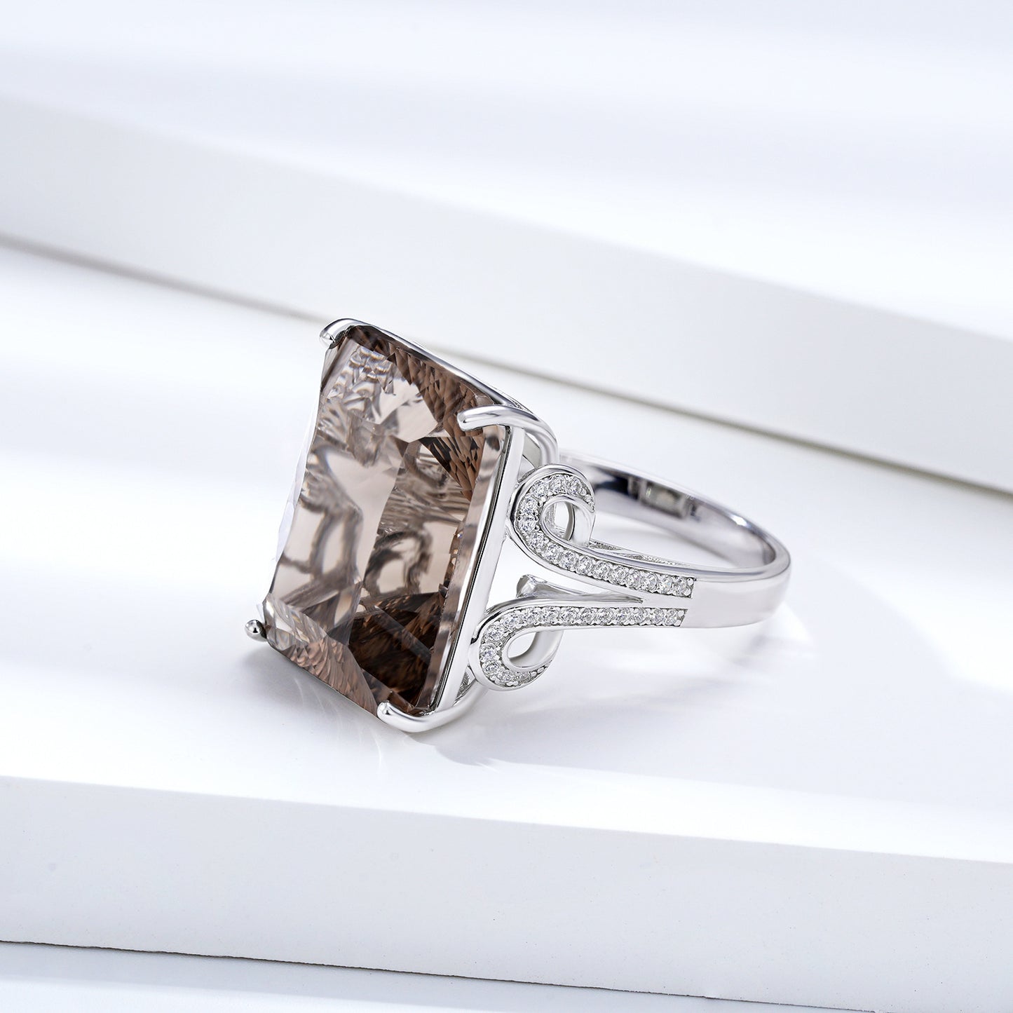 Natural Tea Crystal Ring 925 Silver Set Geometric Square Smoky Crystal Ring