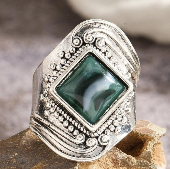 Ethnic Antique Carved Vintage Natural Turquoise Alloy Ring