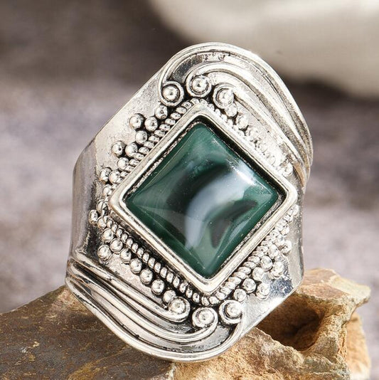 Ethnic Antique Carved Vintage Natural Turquoise Alloy Ring