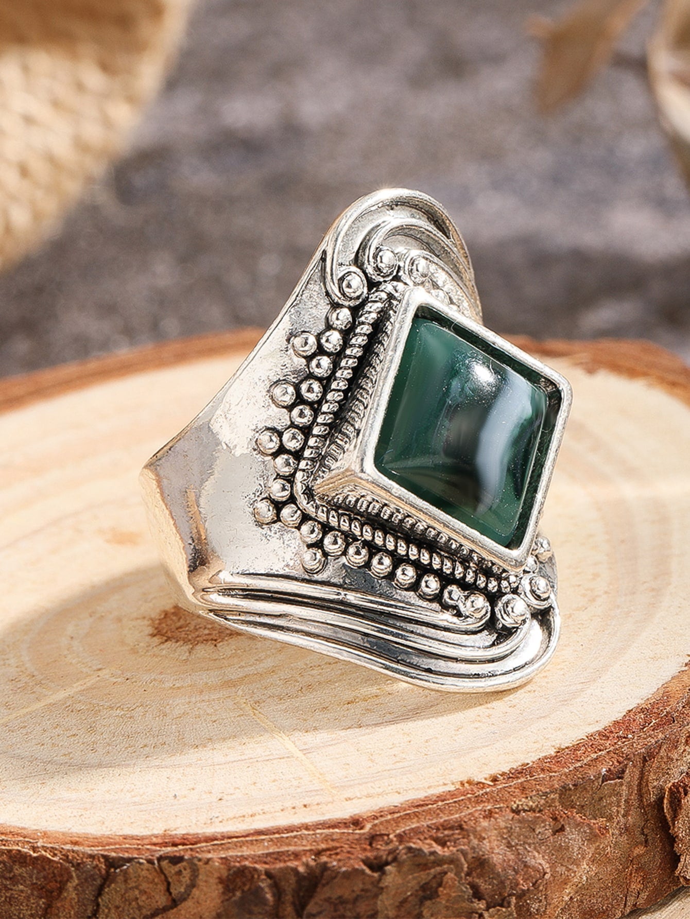 Ethnic Antique Carved Vintage Natural Turquoise Alloy Ring