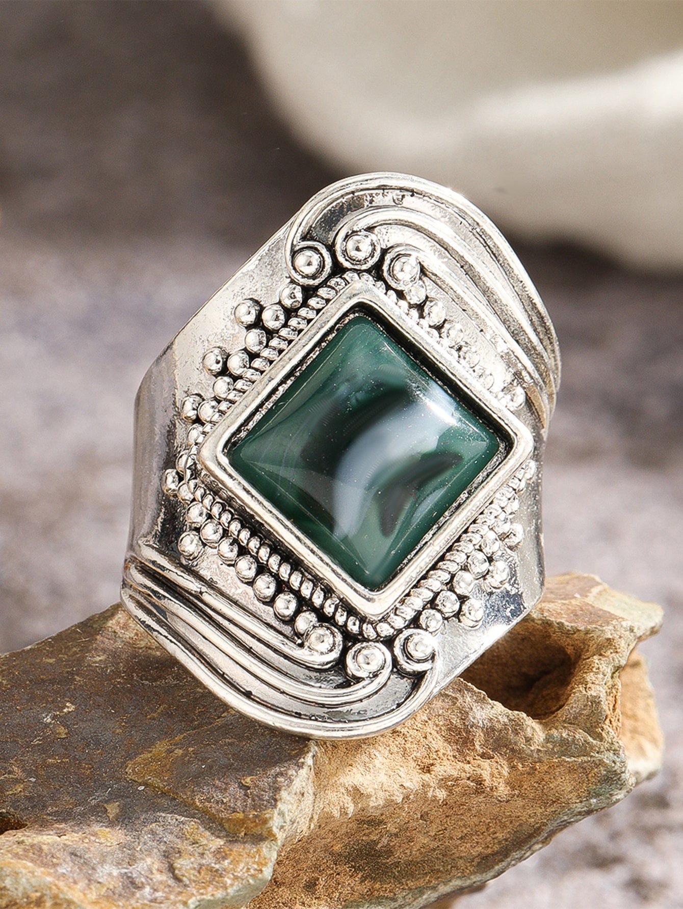 Ethnic Antique Carved Vintage Natural Turquoise Alloy Ring