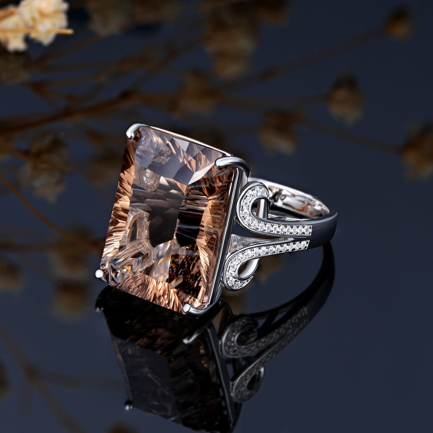 Natural Tea Crystal Ring 925 Silver Set Geometric Square Smoky Crystal Ring