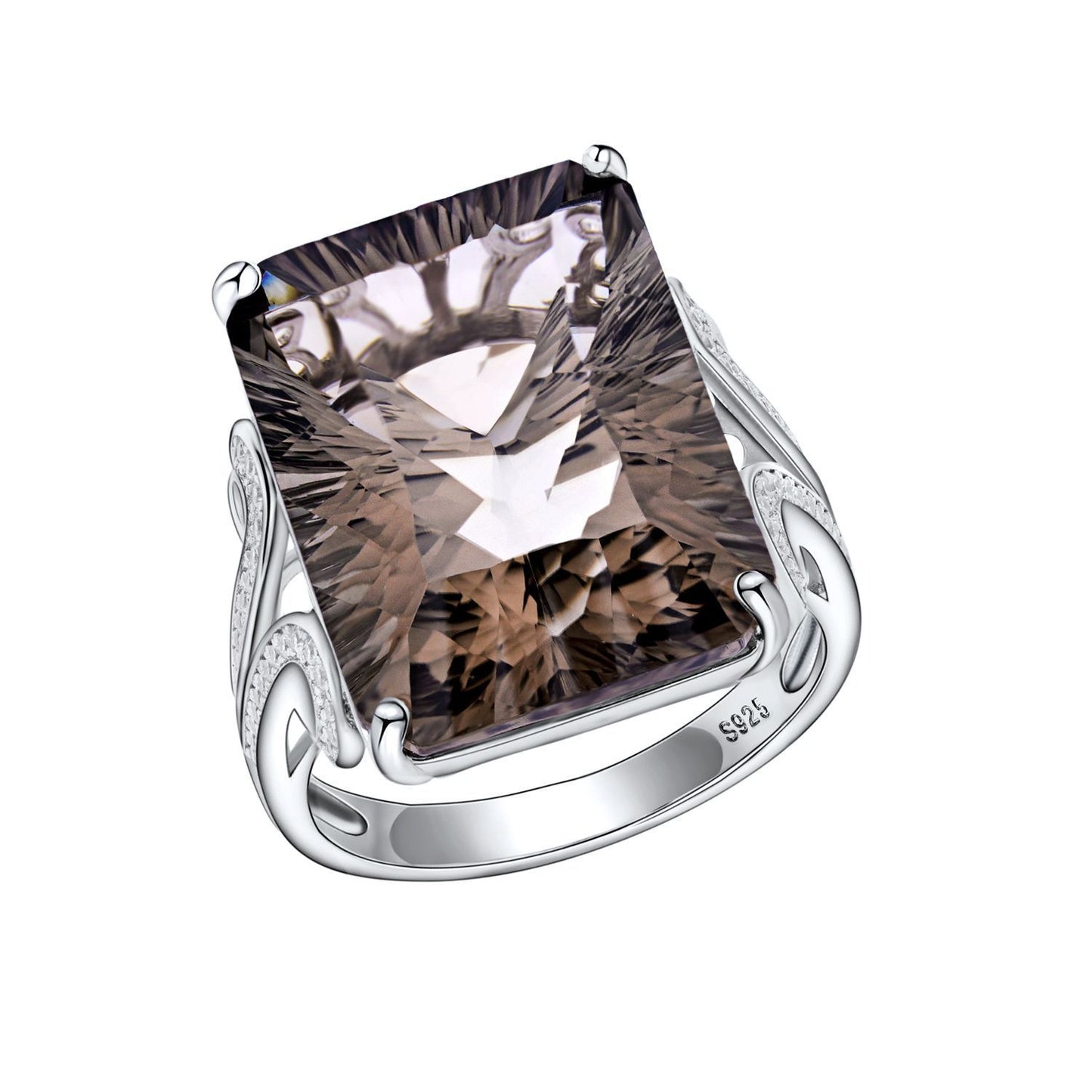 Natural Tea Crystal Ring 925 Silver Set Geometric Square Smoky Crystal Ring